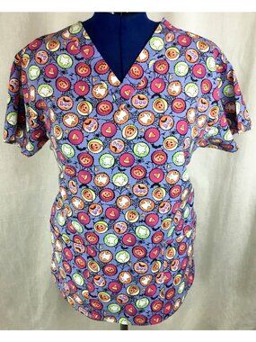 Dickies Scrub Top Women M Halloween Maximalist Vibrant Print Medical Uniform VTG
